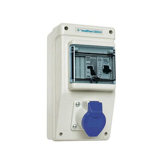 Walther 6591001 Kunststoff-Steckdosenkombination 25A mit einem RCD TypA einem MCB TypC einem CEE-Abgang 16A und Anschluss bis 6qmm 3P