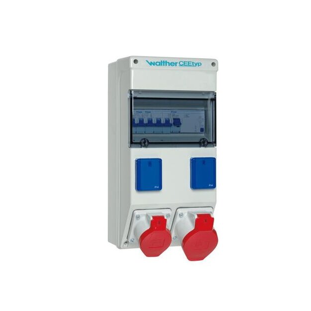 Walther 6983012 Kunststoff-Steckdosenkombination 32A mit einem RCD TypA 3 MCBs TypC 2 CEE-Abgänge 16-32A 2 Schukos und Klemmsatz K25 10P