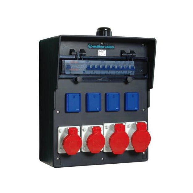 Walther 6483306 Vollgummi-Steckdosenkombination 63A mit einem RCD TypA 6 MCBs TypC 4 CEE-Abgänge 16-32A 4 Schukos und Klemmsatz K25 10P