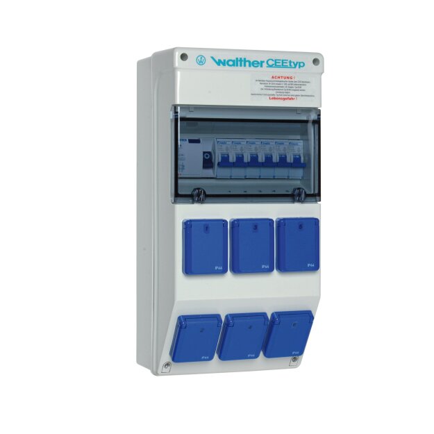 Walther 6980003 Kunststoff-Steckdosenkombination 40A mit einem RCD TypA 6 MCBs 6 Schukos und Klemmsatz K25 10P