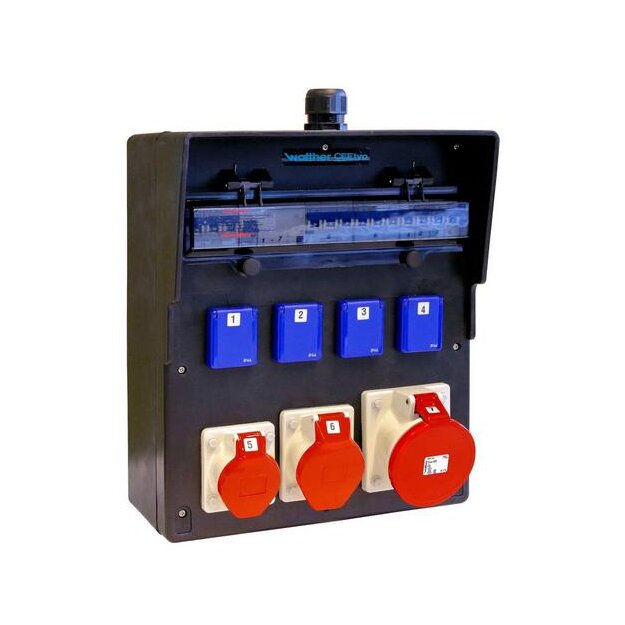 Walther 6484404 Vollgummi-Steckdosenkombination 63A mit einem RCD TypA 7 MCBs 3 CEE-Abgänge 16-63A 4 Schukos und Klemmsatz K25 10P