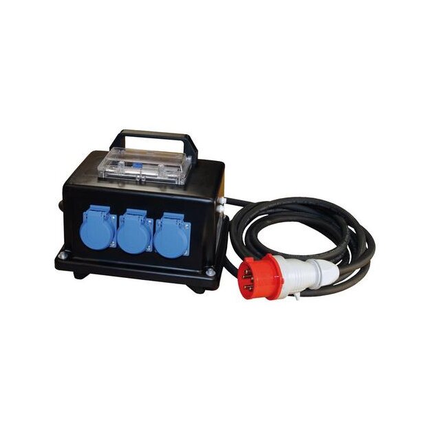 Walther WEV2061 Endverteiler aus Hart-Polyäthylen 22kVA mit CEE-Zugang 32A einem RCD 2 CEE-Abgänge 16-32A und 3 Schukos