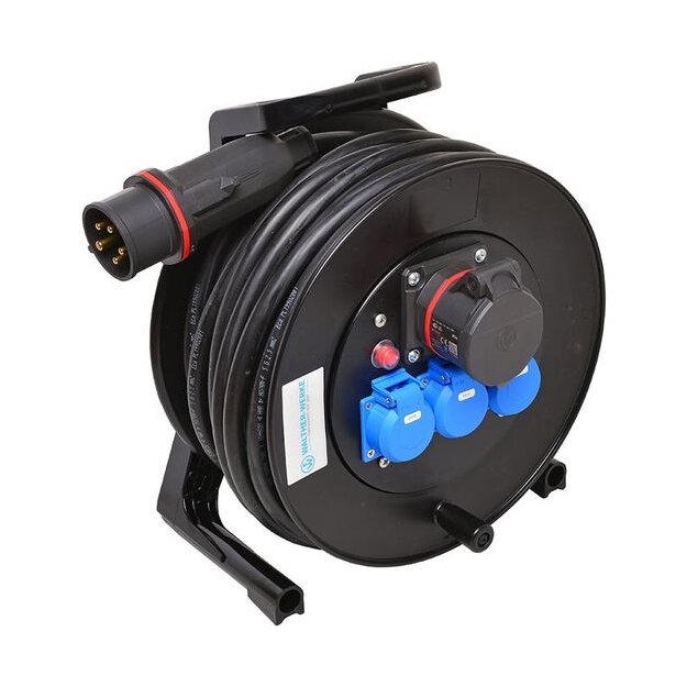 Walther 39100502250310 Kabeltrommel 400V mit einem CEE-Abgang 16A 3 Schukos und Anschluss über 25m Gummischlauchleitung H07RN-F5G2,5 mit CEE-Stecker 16A