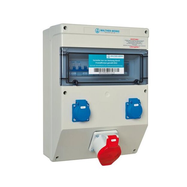 Walther 682119901 Kunststoff-Steckdosenkombination mit einem RCD 3 MCBs 2 Schutzkontaktsteckdosen 1 CEE-Abgang 32A und einem elektronischen DS-Zähler