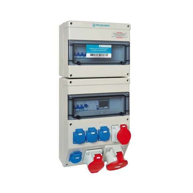 Walther 689449901 Kunststoff-Steckdosenkombination mit einem RCD 6 MCBs 4 Schutzkontaktsteckdosen 3 CEE-Abgänge 16-63A und einem elektronischen DS-Zähler