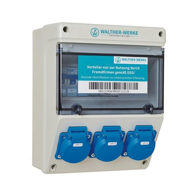 Walther 692009901 Kunststoff-Steckdosenkombination mit einem RCD 3 MCBs 3 Schutzkontaktsteckdosen und einem elektronischen WS-Zähler