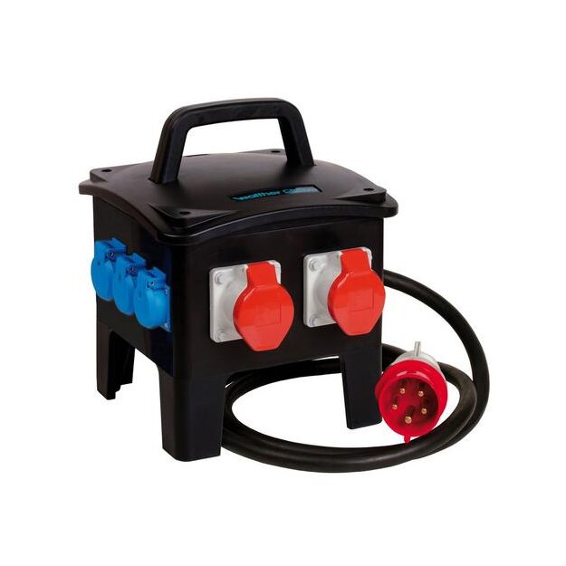 Walther 6493026R1 Tragbare Vollgummi Baustellen-Endverteiler 32A mit RCD TypB 4 MCBs 2 CEE 16-32A 3 Schukos und Anschluss über Leitung mit 32A Stecker