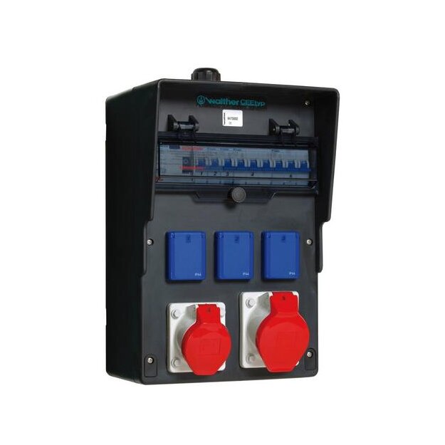 Walther 6473010 Vollgummi-Steckdosenkombination 40A mit einem RCD TypA 5 MCBs TypC 2 CEE-Abgänge 16-32A 3 Schukos und Klemmsatz K25 10P