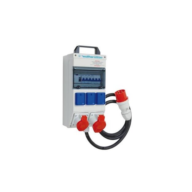 Walther 6983039 Tragbare Kunststoff-Steckdosenkombination 32A mit einem RCD TypA,4 MCBs,2 CEE Abgänge 16-32A 3 Schukos und Anschluss über Leitung mit 32A Stecker