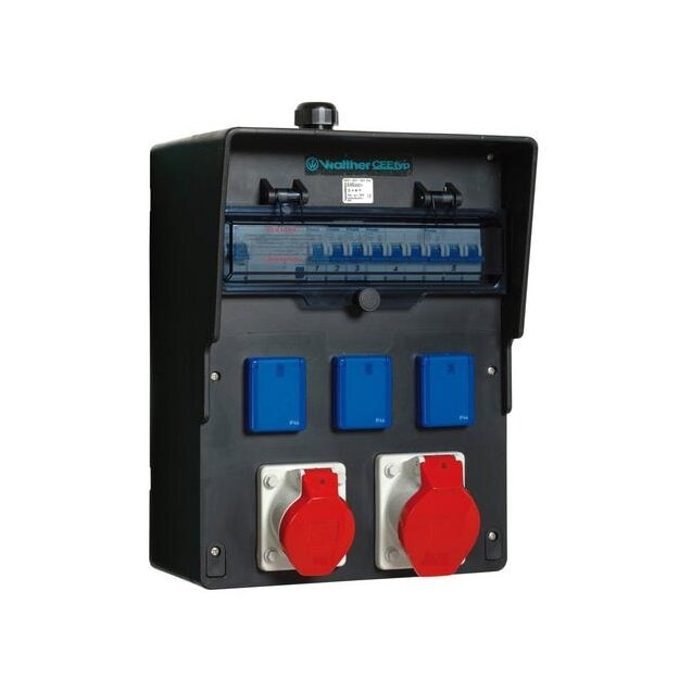 Walther 6463005 Vollgummi-Steckdosenkombination 63A mit einem RCD TypA 5 MCBs 2 CEE-Abgänge 16-32A 3 Schukos und Klemmsatz K25 10P