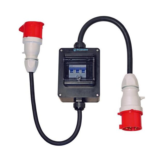 Walther 64Z0120MI CEE-Adapter-Leitung UniBox aus Vollgummi 16A mit Zugang Leitung mit CEE-Stecker 16A RCD Typ B und Abgang Leitung mit CEE-Kupplung 16A