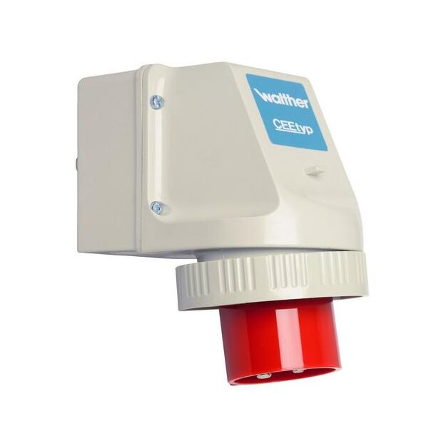 Walther 638406 Wasserdichter Wandgerätestecker zur Innenbefestigung 32A 4P 6h mit je 2 ausbrechenden Kabeleinführungen oben/unten und ausbrechender Bodeneinführung