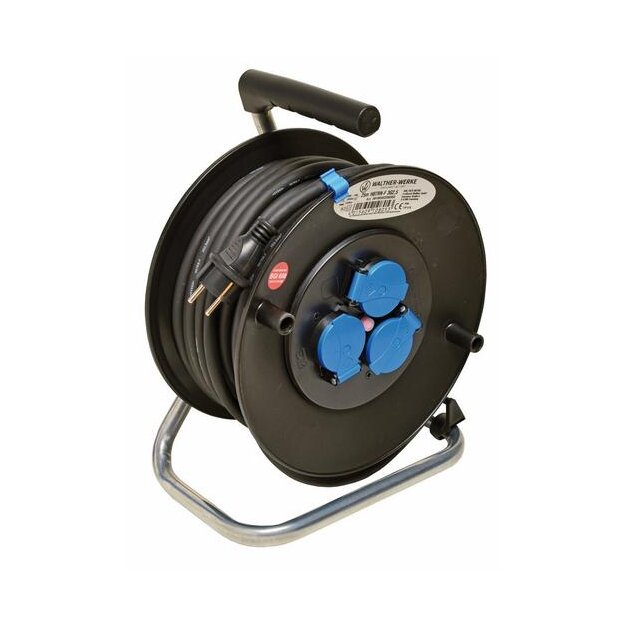 Walther 39100302250303 Sicherheits-Kabeltrommel 230V mit 3 Schutzkontakt-Steckdosen und Anschluss über 25m Gummischlauchleitung H07RN-F3G2,5 mit Schutzkontakt-Stecker