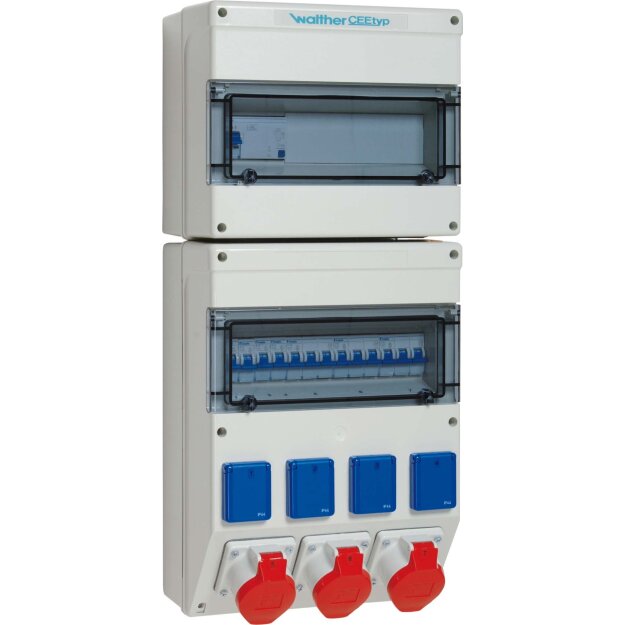 Walther 6890304 Kunststoff-Steckdosenkombination 63A mit einem RCD TypA 7 MCBs TypC 3 CEE-Abgänge 16A 4 Schukos und Klemmsatz K25 10P
