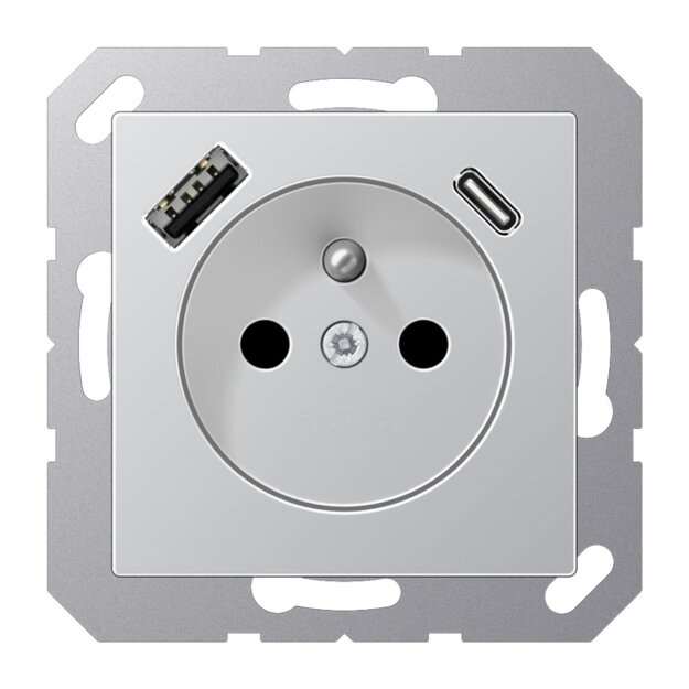 Jung A1520F-15CAAL Steckdose französisch/belgisches System mit USB-Ladegerät Safety+ Typ AC Aluminium