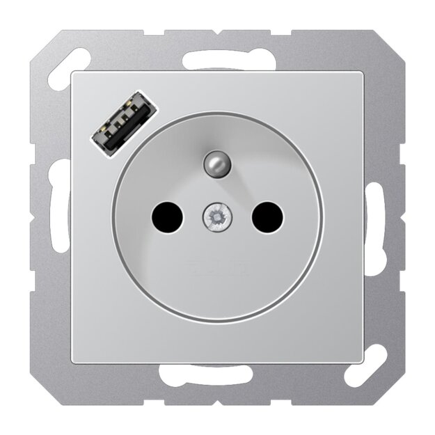Jung A1520F-18AAL Steckdose französisch/belgisches System mit USB-Ladegerät Safety+ Typ A Aluminium