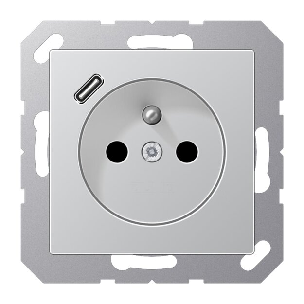 Jung A1520F-18CAL Steckdose französisch/belgisches System mit USB-Ladegerät Safety+ Typ C Aluminium