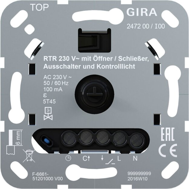 Gira 247200 Raumtemperaturregler 230 V Öffner/Schließer Ausschalter + Kontrolllicht Einsatz