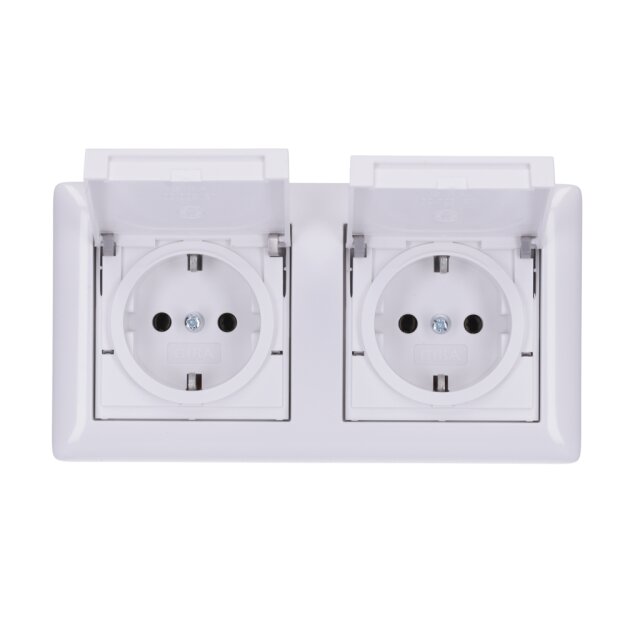 Gira 415803 SCHUKO-Steckdose mit Klappdeckel + Set IP44 + Rahmen 2-fach Standard 55 Reinweiß glänzend