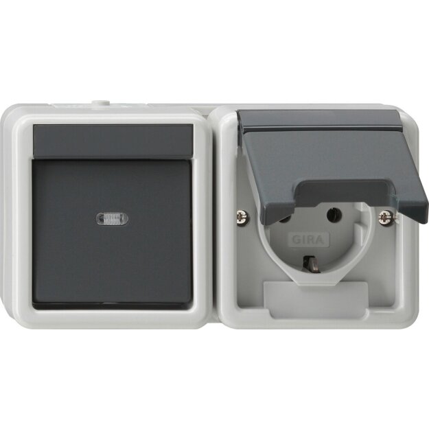 Gira 417730 Kombi Universal-Aus-Wechselschalter/SCHUKO-Steckdose waagerecht mit Klappdeckel WG AP Grau