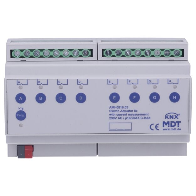 MDT AMI-0816.03 Schaltaktor 8-fach 8TE REG 16/20 A 230 V AC C-Last mit Strommessung 200 µF