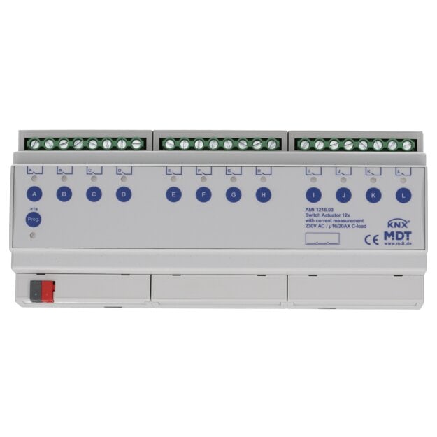 MDT AMI-1216.03 Schaltaktor 12-fach 12TE REG 16/20 A 230 V AC C-Last mit Strommessung 200 µF