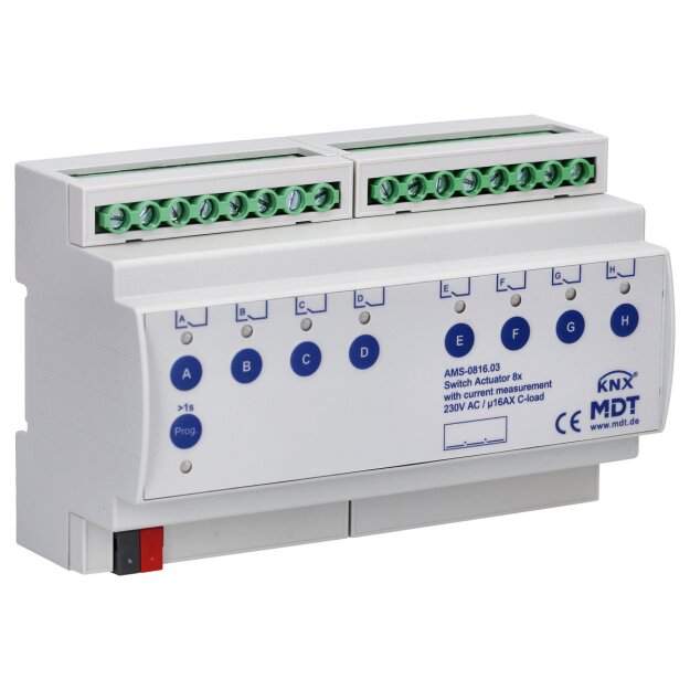 MDT AMS-0816.03 Schaltaktor 8-fach 8TE REG 16 A 230 V AC C-Last mit Strommessung 140 µF
