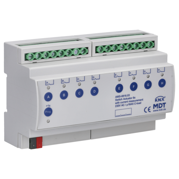 MDT AMS-0816.03 Schaltaktor 8-fach 8TE REG 16 A 230 V AC C-Last mit Strommessung 140 µF