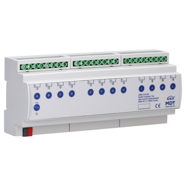 MDT AMS-1216.03 Schaltaktor 12-fach 12TE REG 16 A 230 V AC C-Last mit Strommessung 140 µF