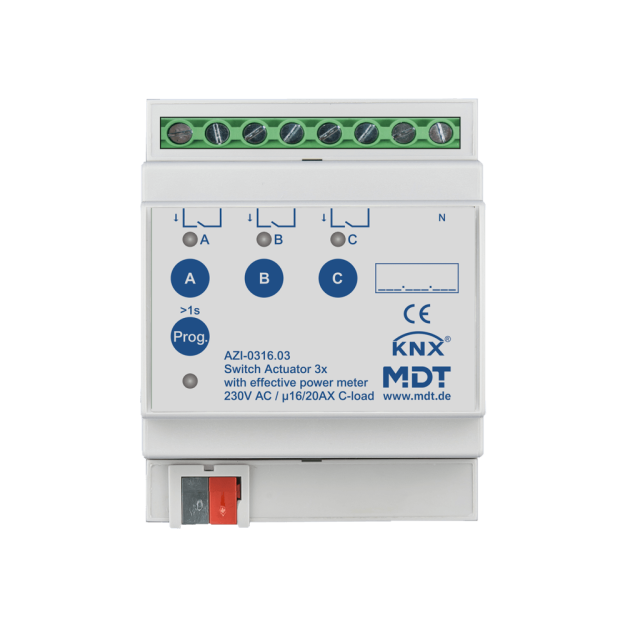 MDT AZI-0316.03 Schaltaktor 3-fach 4TE REG 16/20 A 230 V AC mit Wirkleistungszähler 200 µF