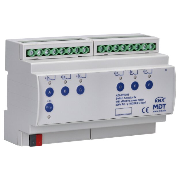 MDT AZI-0616.03 Schaltaktor 6-fach 8TE REG 16/20 A 230 V AC mit Wirkleistungszähler 200 µF