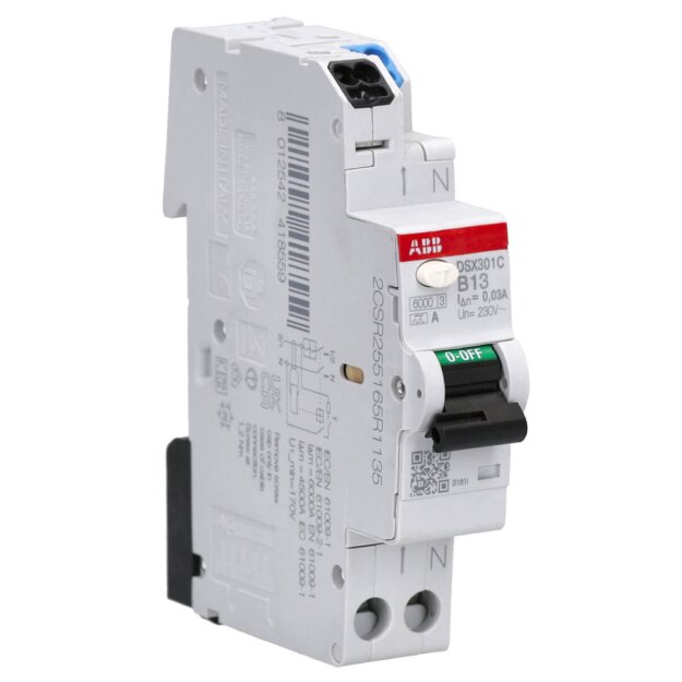 ABB DSX301C B13 A30 FI/LS-Schalter 1 TE 6kA, 1P+N, Typ A, B13, 30mA FlexLine Push-in Technologie 2CSR255165R1135