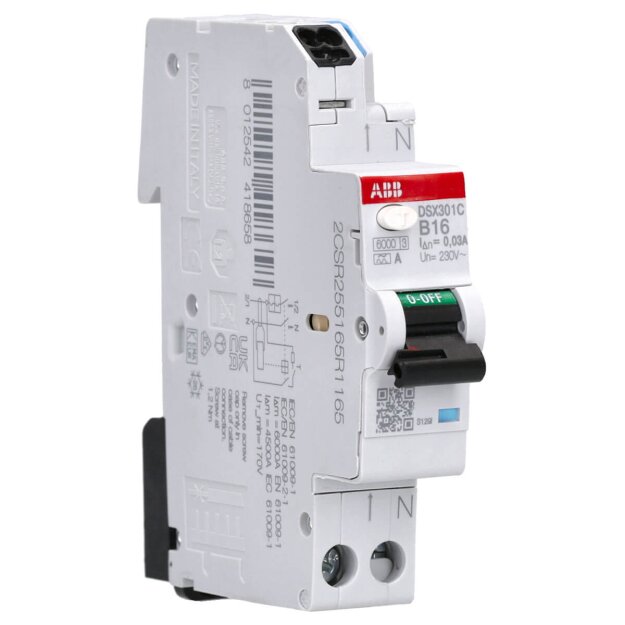 ABB DSX301C B16 A30 FI/LS-Schalter 1 TE 6kA, 1P+N, Typ A, B16, 30mA FlexLine Push-in Technologie 2CSR255165R1165