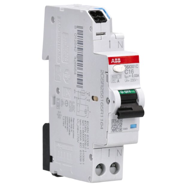 ABB DSX301C C16 A30 FI/LS-Schalter 1 TE 6kA, 1P+N, Typ A, C16, 30mA FlexLine Push-in Technologie 2CSR255165R1164
