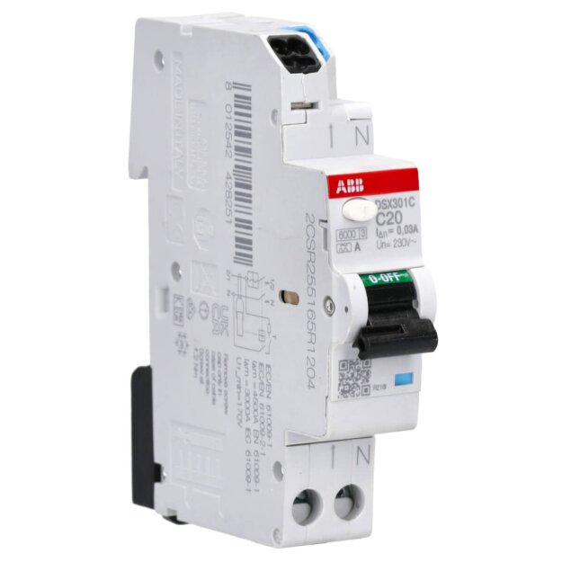 ABB DSX301C C20 A30 FI/LS-Schalter 1 TE 6kA, 1P+N, Typ A, C20, 30mA FlexLine Push-in Technologie 2CSR255165R1204
