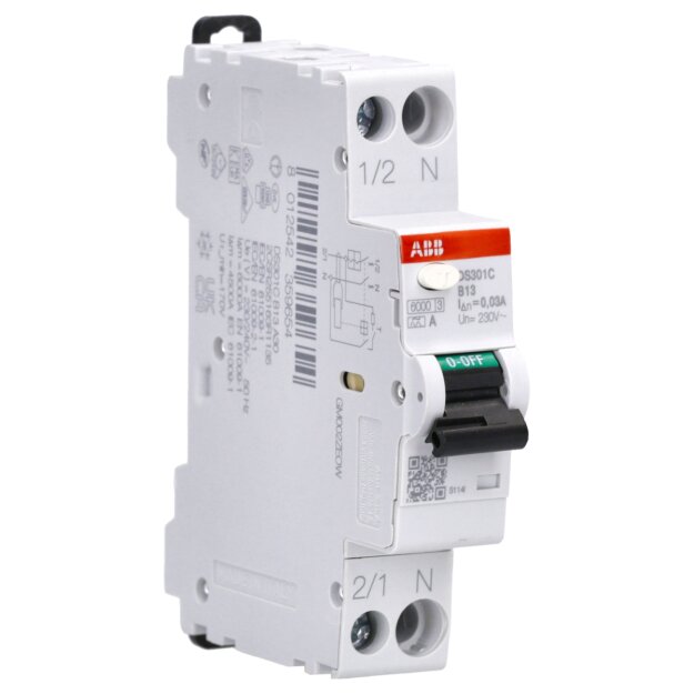 ABB DS301C B13 A30 FI/LS-Schalter 6kA 1P+N Typ A B13 30mA 1 Teilungseinheit B-Charakteristik 2CSR255163R1135