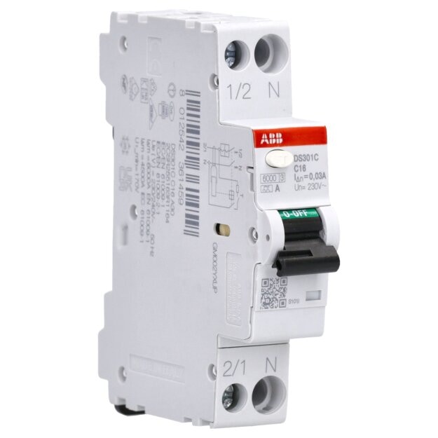 ABB DS301C C16 A30 FI/LS-Schalter RCBO 6kA, 1P+N, Typ A, B16, 30mA 1 Teilungseinheit C-Charakteristik 2CSR255163R1164