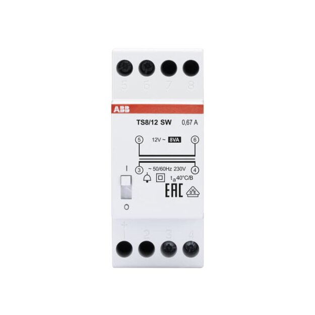 ABB Stotz S&J TS8/12SW Klingeltrafo 230V 8VA,12V,EIN/AUS Schalter