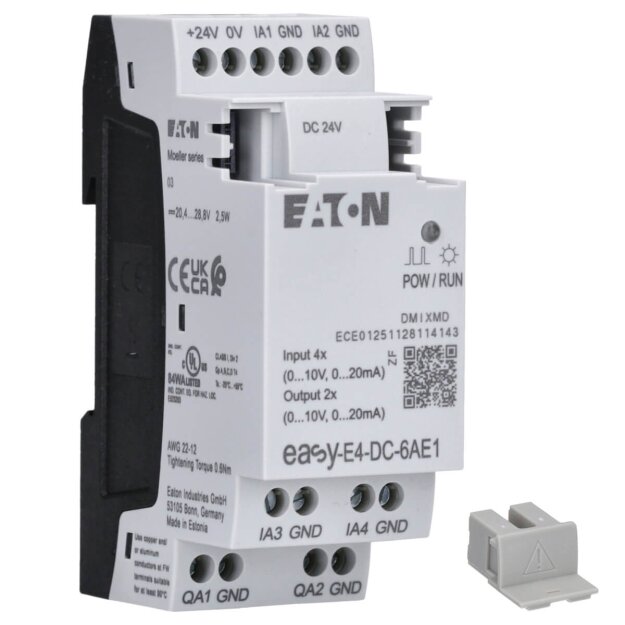 eaton Ein-/Ausgangserweiterung für easyE4 24 V DC Eingänge analog: 4 Ausgänge analog: 2 Schraubklemme EASY-E4-DC-6AE1 197223