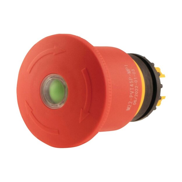 eaton NOT-HALT-/NOT-AUS-Taste RMQ-Titan Palmenform 45 mm unbeleuchtet Drehentriegelung rot gelb RAL 3000 mit mechanischer Schaltstellungsanzeige M22-PVT45P-MPI 121463