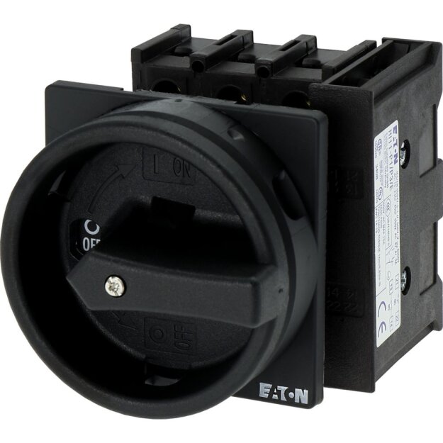 eaton Hauptschalter P1 25 A Einbau 3-polig 1 Schließer 1 Öffner HALT-Funktion mit schwarzem Drehgriff und Sperrkranz abschließbar in 0-Stellung P1-25/EA/SVB-SW/HI11 070194