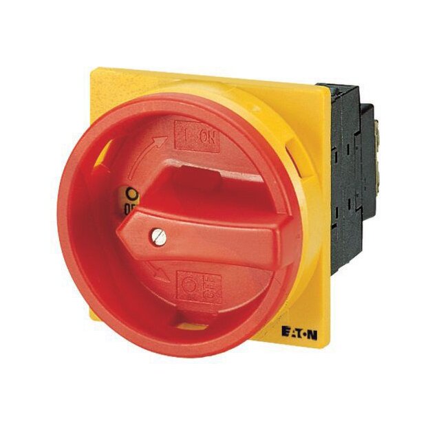 eaton Hauptschalter P1 32 A Einbau 3-polig + N 1 Schließer 1 Öffner NOT-AUS-Funktion mit rotem Drehgriff und gelbem Sperrkranz abschließbar in 0-Stellung P1-32/EA/SVB/N/HI11 057859