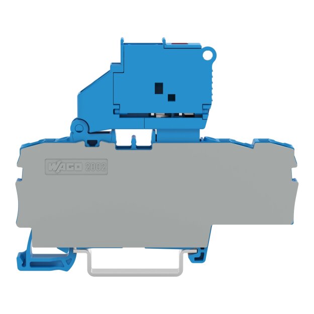 Wago 2002-1714/1000-867 3-Leiter-Sicherungsklemme mit schwenkbarem Sicherungshalter mit Abschlussplatte für G-Sicherungseinsatz 5 x 20 mm mit Defektanzeige durch LED 120 V für Tragschiene 35 x 15 und 35 x 7,5 2,5 mm² Push-in CAGE CLAMP® 2,50 mm² blau