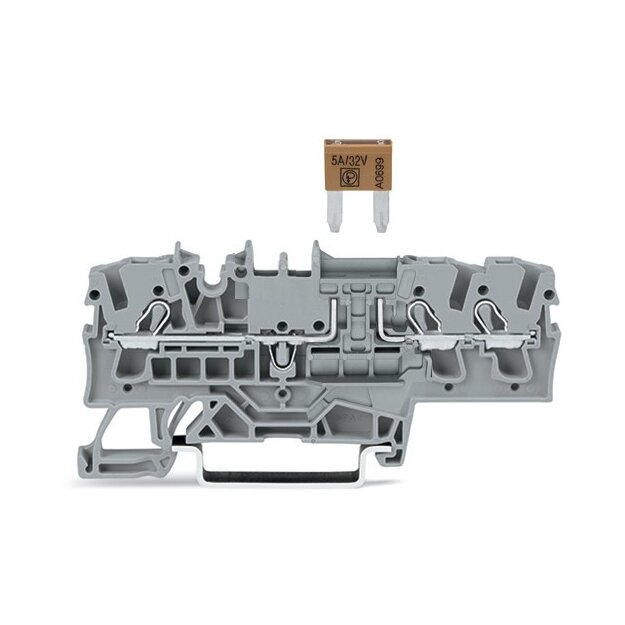 Wago 2002-1781 3-Leiter-Sicherungsklemme für Kfz-Mini-Flachsicherungen gemäß DIN 7258-3f, ISO 8820-3 mit Prüfmöglichkeit ohne Defektanzeige 2,5 mm² Push-in CAGE CLAMP® 2,50 mm² grau