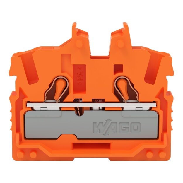 Wago 2052-302 2-Leiter-Mini-Durchgangsklemme mit Betätigungsöffnung 2,5 mm² Endklemme mit Befestigungsflansch seitliche und mittige Beschriftung mit Prüföffnung Push-in CAGE CLAMP® 2,50 mm² orange