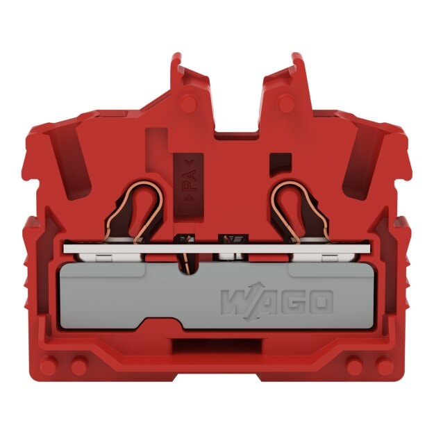 Wago 2052-303 2-Leiter-Mini-Durchgangsklemme mit Betätigungsöffnung 2,5 mm² Endklemme mit Befestigungsflansch seitliche und mittige Beschriftung mit Prüföffnung Push-in CAGE CLAMP® 2,50 mm² rot