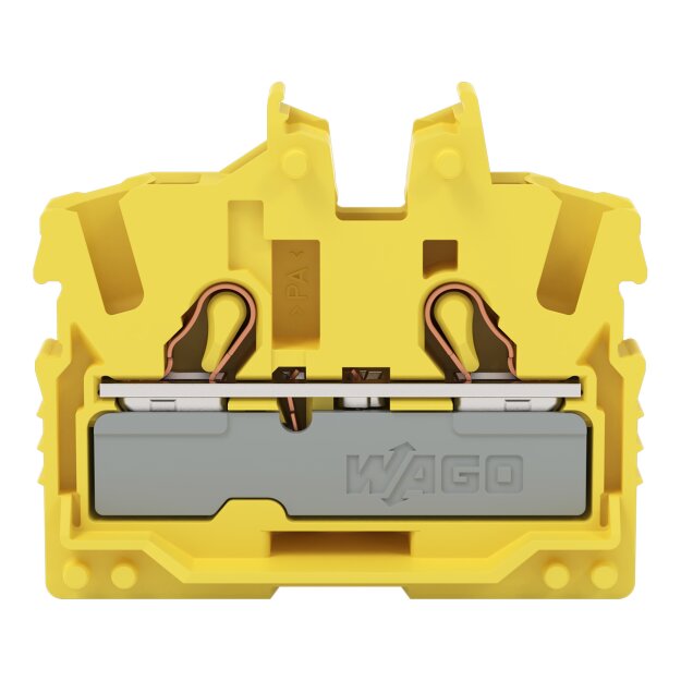 Wago 2052-306 2-Leiter-Mini-Durchgangsklemme mit Betätigungsöffnung 2,5 mm² Endklemme mit Befestigungsflansch seitliche und mittige Beschriftung mit Prüföffnung Push-in CAGE CLAMP® 2,50 mm² gelb