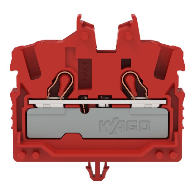 Wago 2052-313 2-Leiter-Mini-Durchgangsklemme mit Betätigungsöffnung 2,5 mm² mit Rastfuß seitliche und mittige Beschriftung mit Prüföffnung Push-in CAGE CLAMP® 2,50 mm² rot
