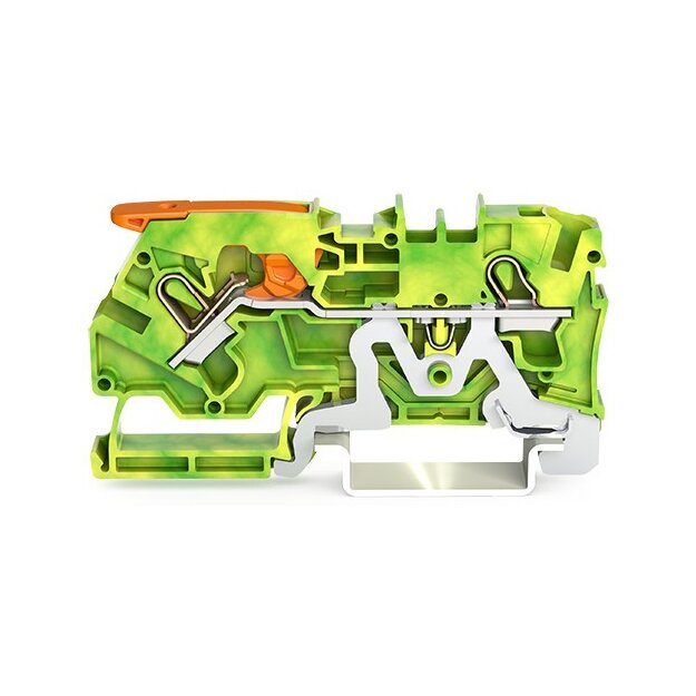 Wago 2104-1207 2-Leiter-Schutzleiterklemme mit Hebel und Push-in CAGE CLAMP® 4 mm² mit Prüföffnung seitliche und mittige Beschriftung für Tragschiene 35 x 15 und 35 x 7,5 Push-in CAGE CLAMP® 4,00 mm² grün-gelb