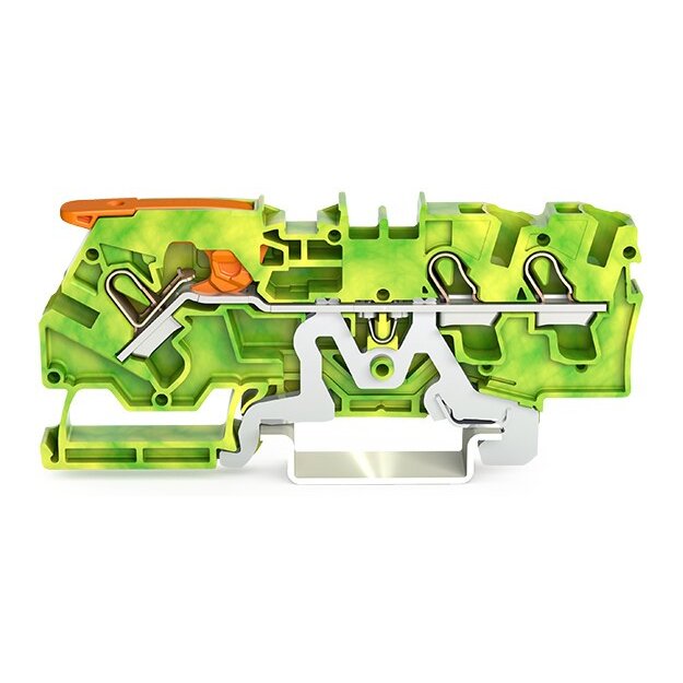Wago 2104-1307 3-Leiter-Schutzleiterklemme mit Hebel und Push-in CAGE CLAMP® 4 mm² mit Prüföffnung seitliche und mittige Beschriftung für Tragschiene 35 x 15 und 35 x 7,5 Push-in CAGE CLAMP® 4,00 mm² grün-gelb